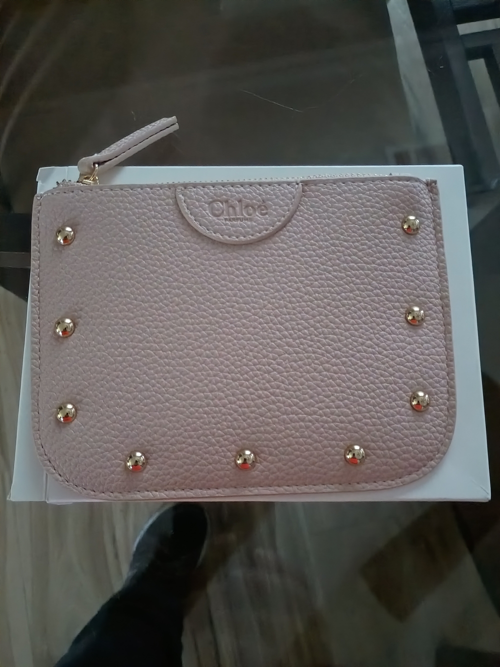 Pink Pebbled Leather Zip Pouch with Gold Studs